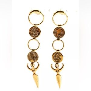 Gold Tone Long Abstract Female Figure Medallion Dangle Hoop Earrings 2018